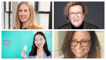 Clockwise from top left: Laura Spiekerman, co-founder and chief revenue officer of Alloy; Lynne Oldham, chief people officer at Stash; Ioana Ellis, interim chief human resources officer at Marqeta; Kristy Kim, co-founder and CEO of TomoCredit.
