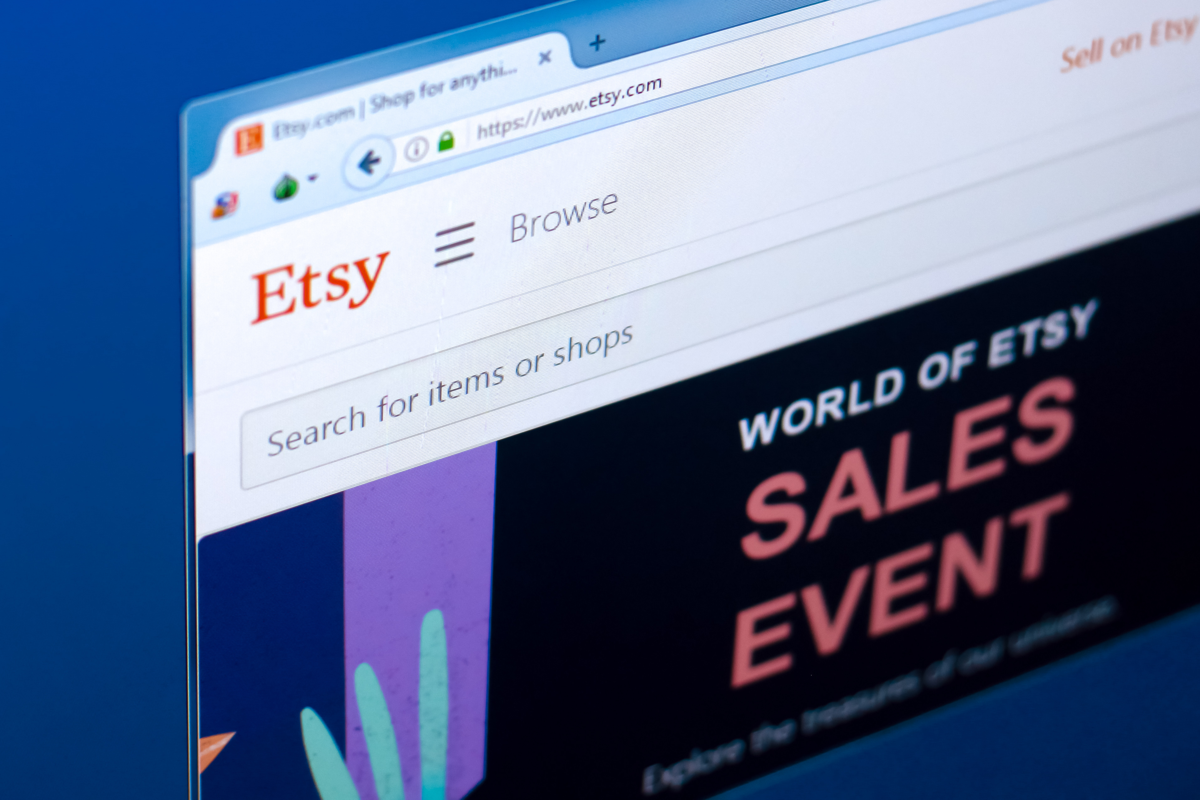 A webpage opened to the Etsy site.