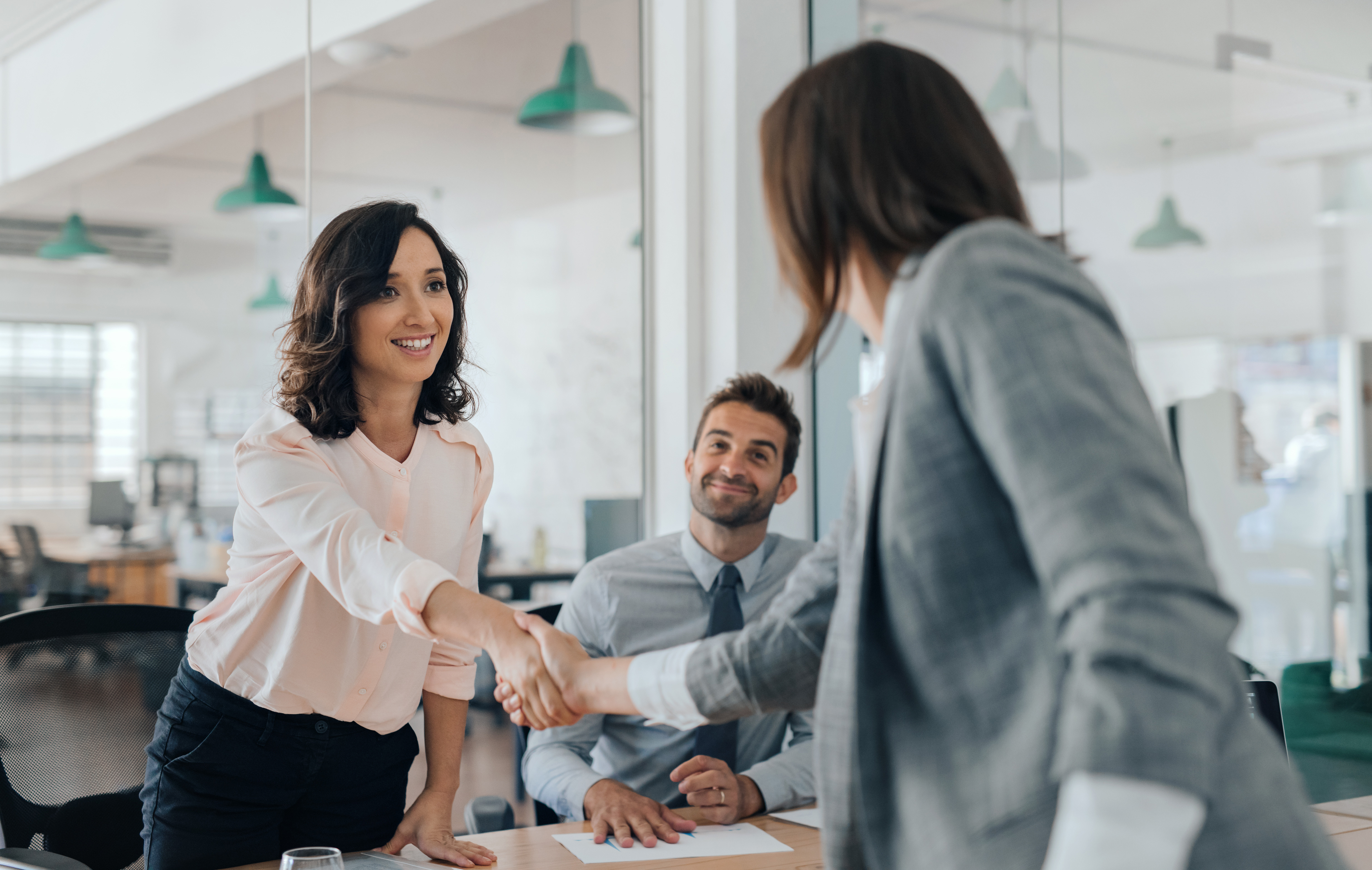 Colleagues shake hands at a conference table.