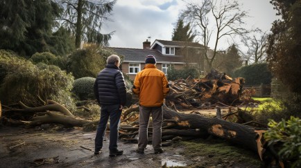 Standing in front of damaged home