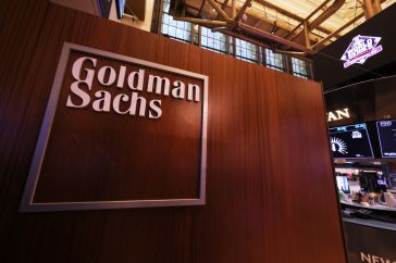 Goldman Sachs logo on the trading floor.