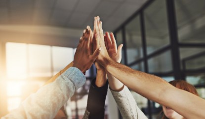 A group of colleagues high-five.