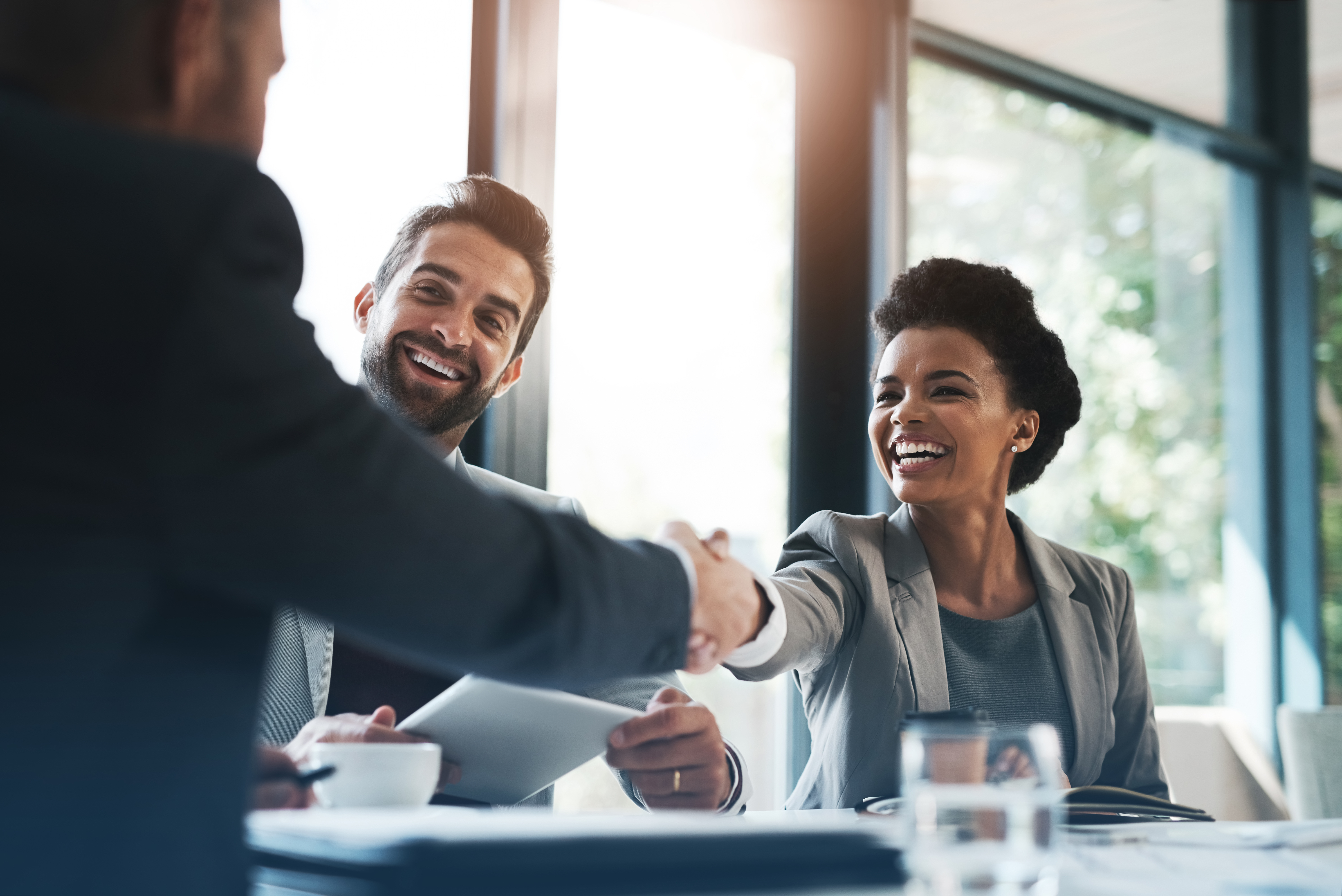 Colleagues shaking hands across the conference room table.