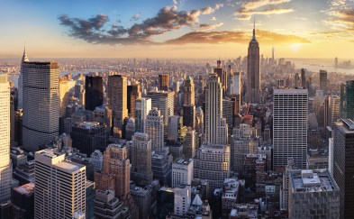 Manhattan skyline during sunrise.