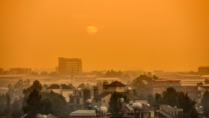 Smoke settled over city skyline