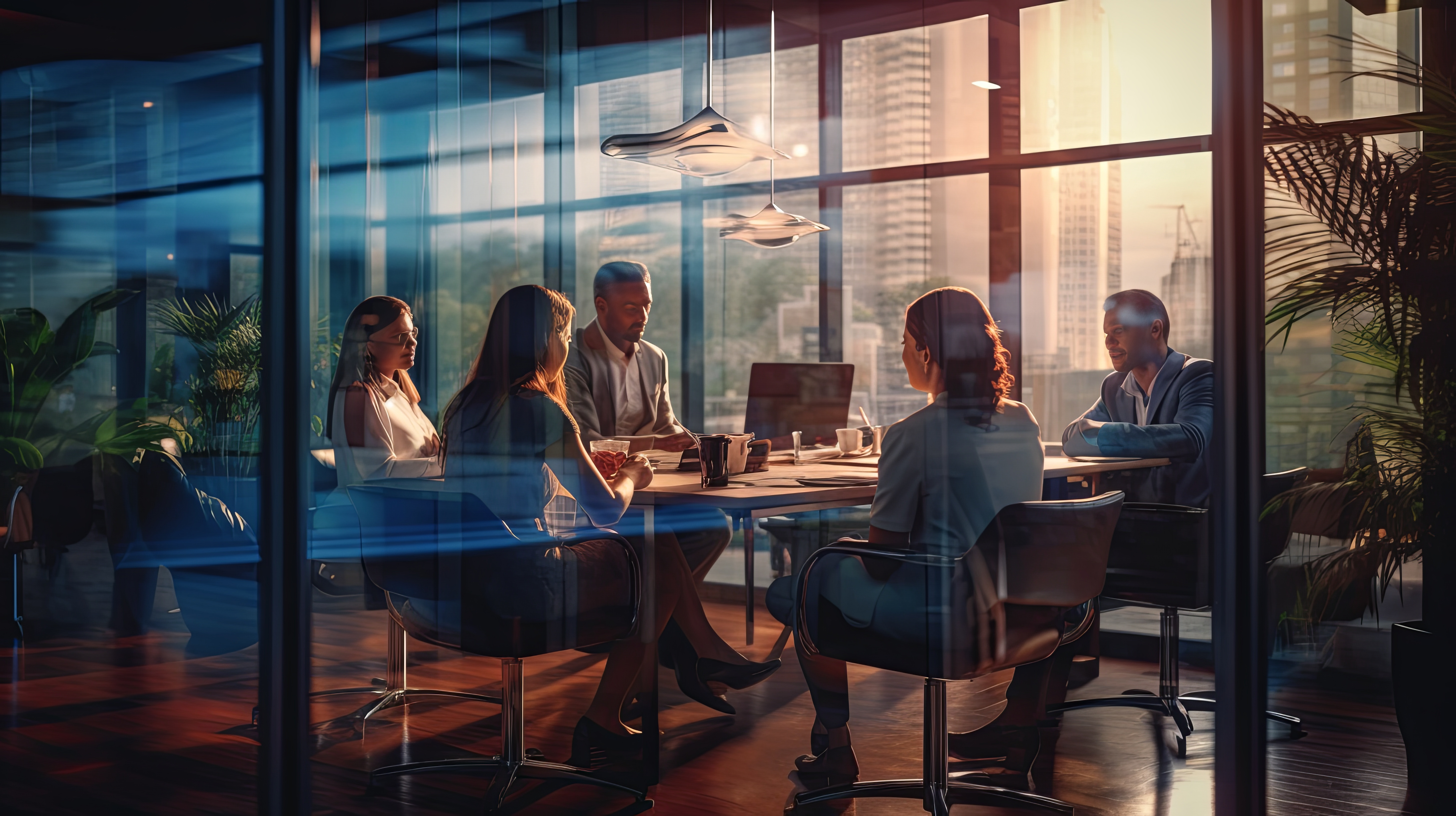 A formal meeting conference with five people in a glass room separate from the rest of the office.