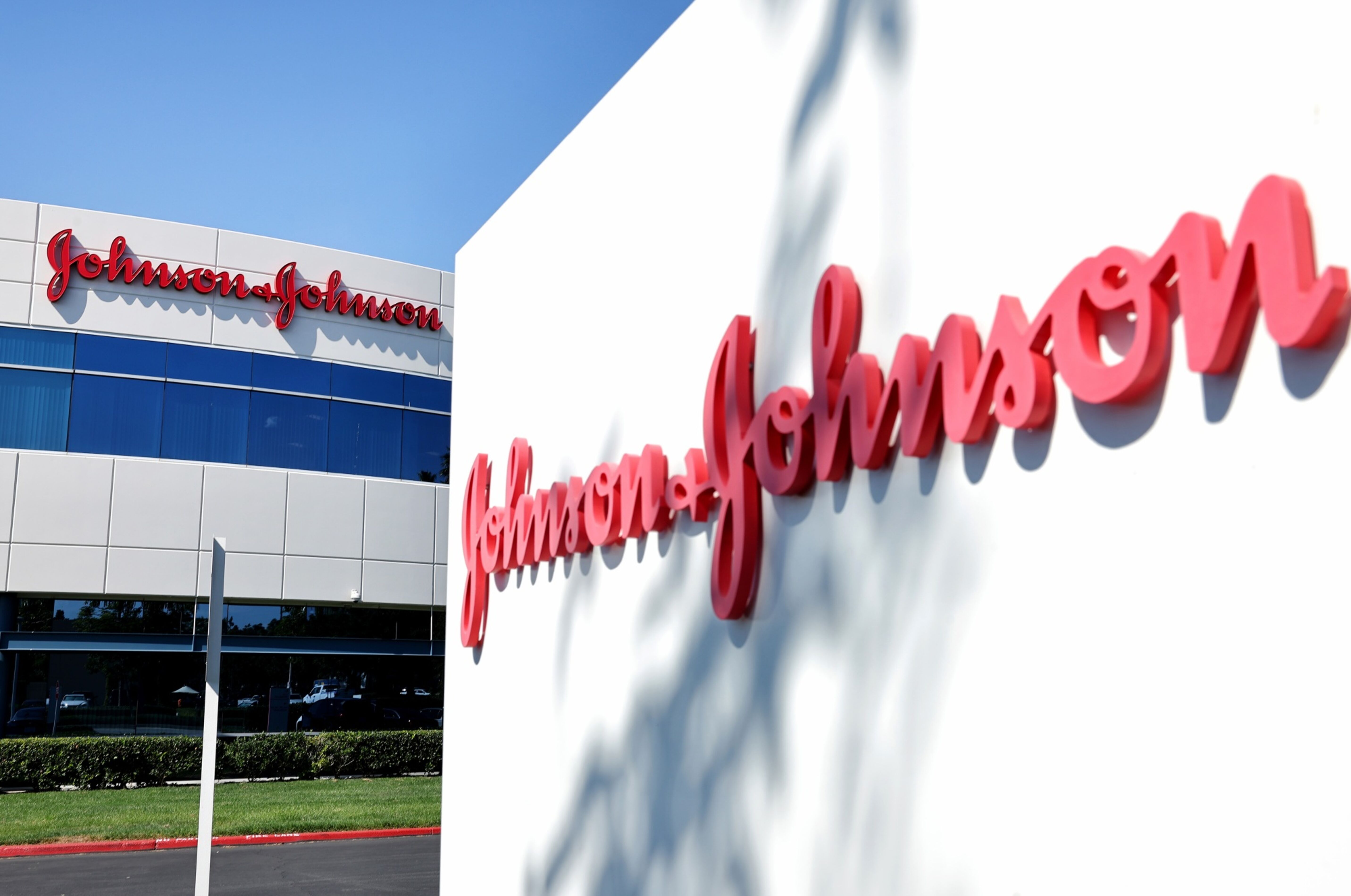Exterior of Johnson and Johnson sign outside of an office building