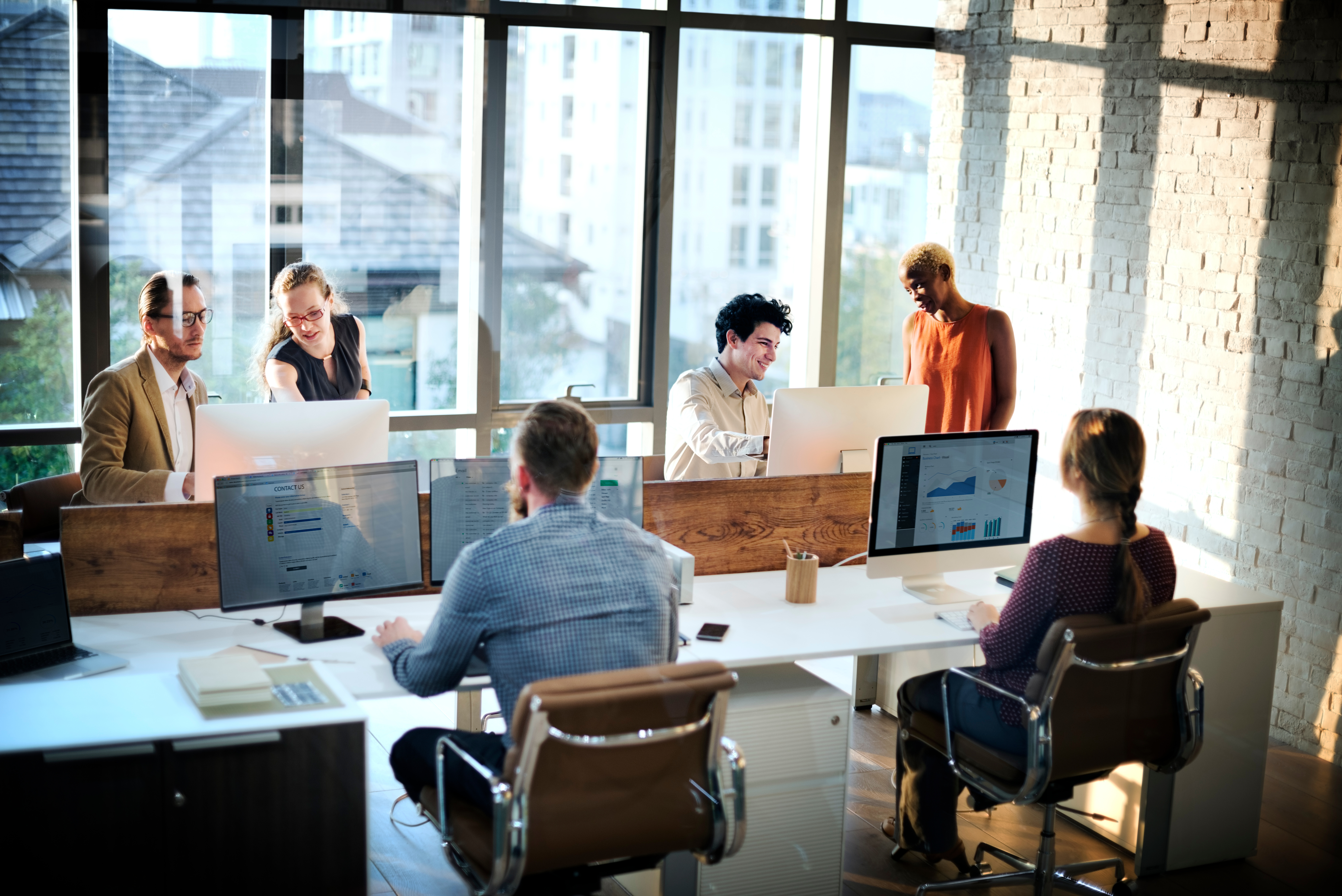 An open office space, with workers staring at their desktop computers; sunlight is streaming through the huge window behind them.