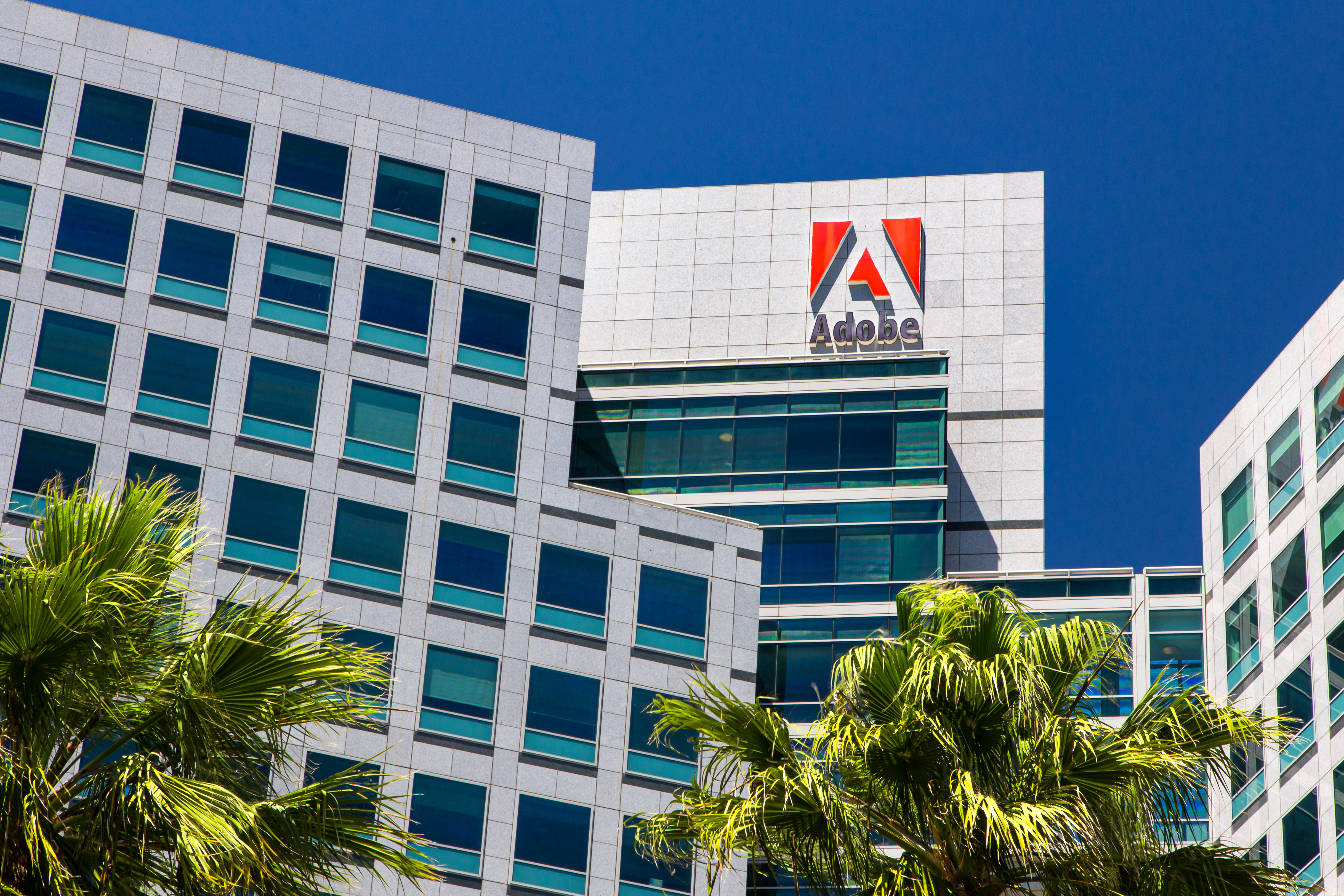 Adobe headquarters in Silicon Valley; a gray building with glass windows and palm trees below it.