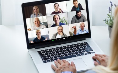 Group of employees on laptop; person talking to group on laptop
