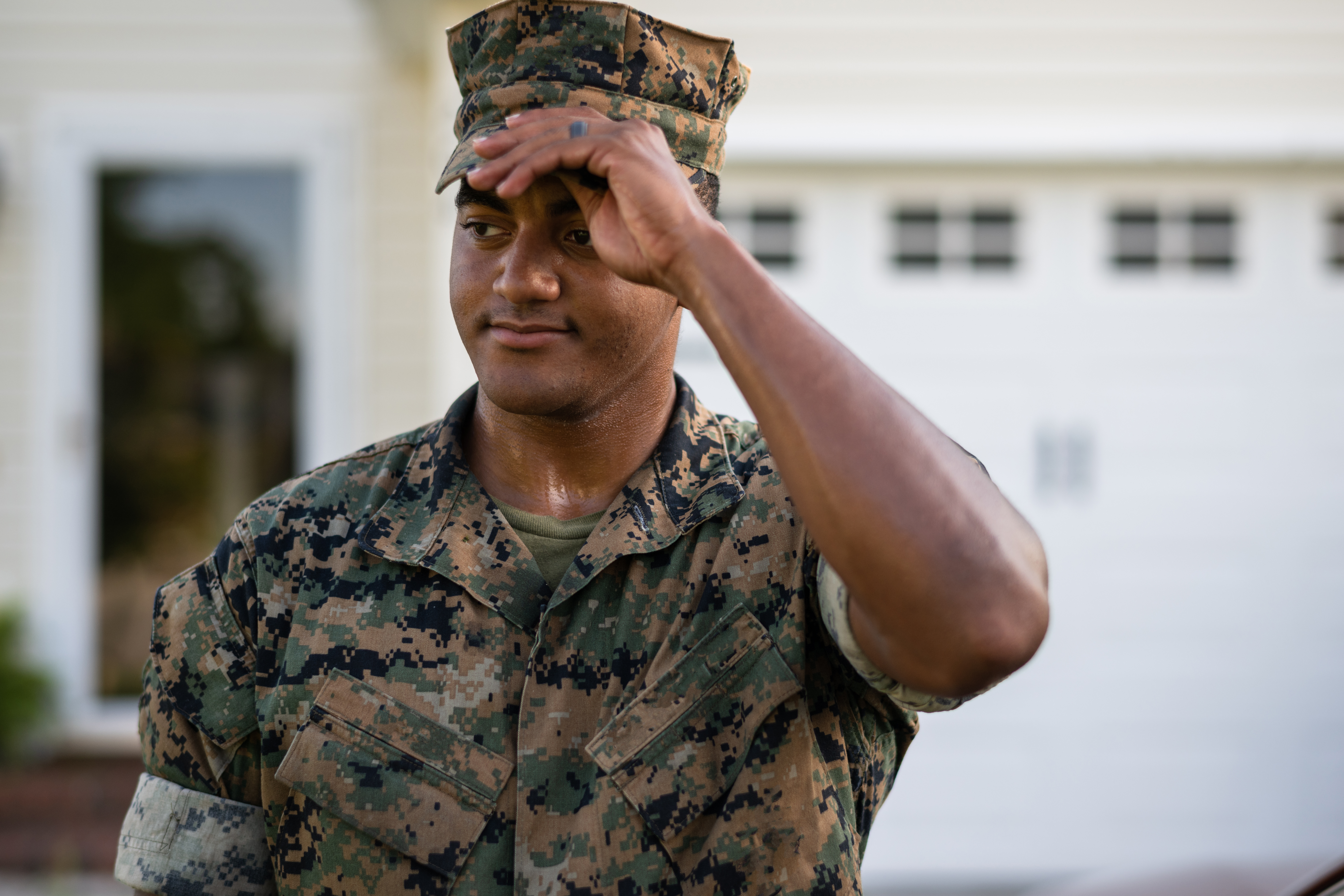 Military veteran fixing his cap