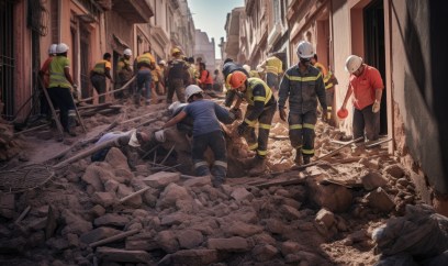 Rescue workers helping on narrow street after earthquake