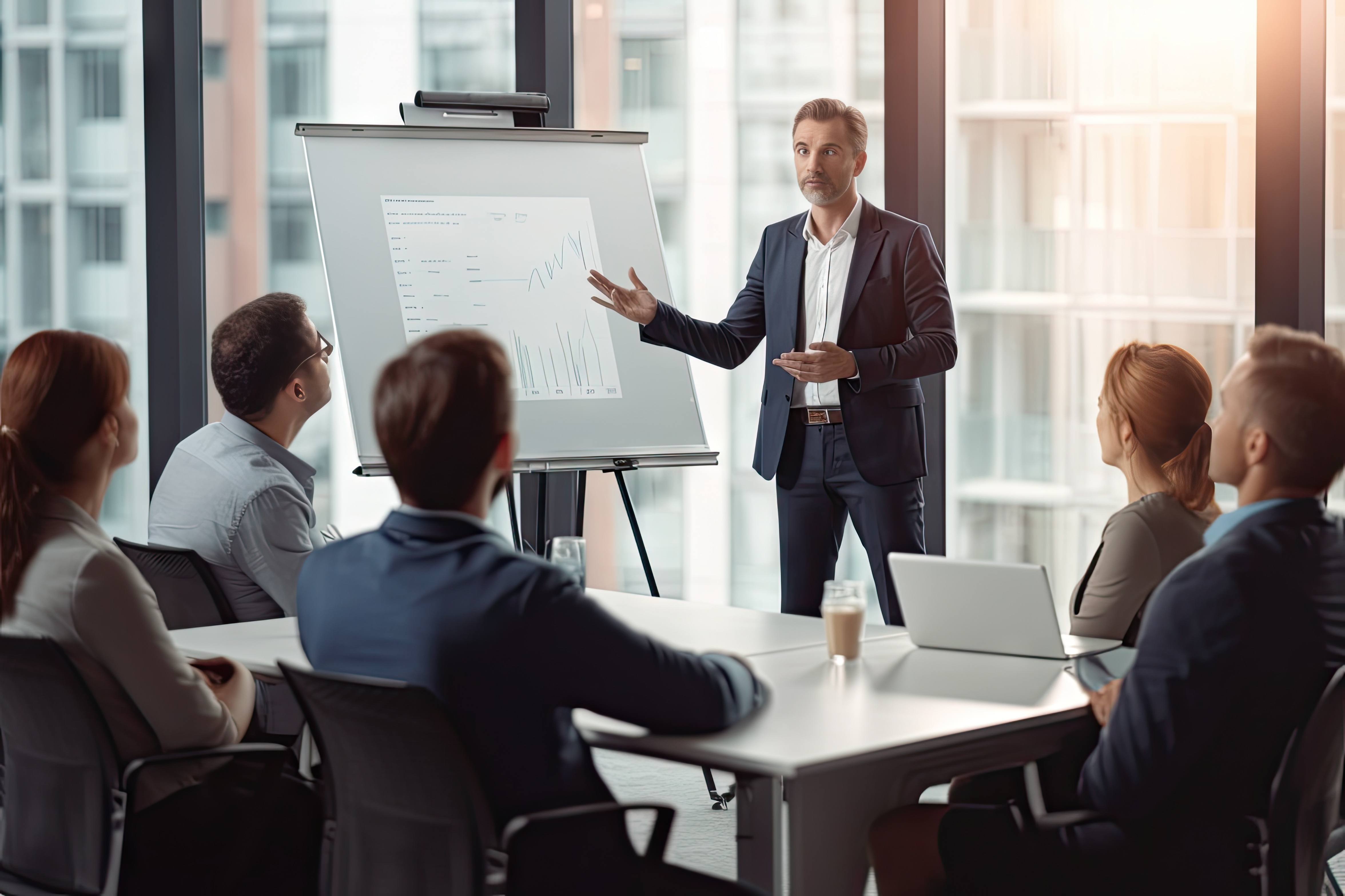 Group of employees in meeting; man presenting with chart