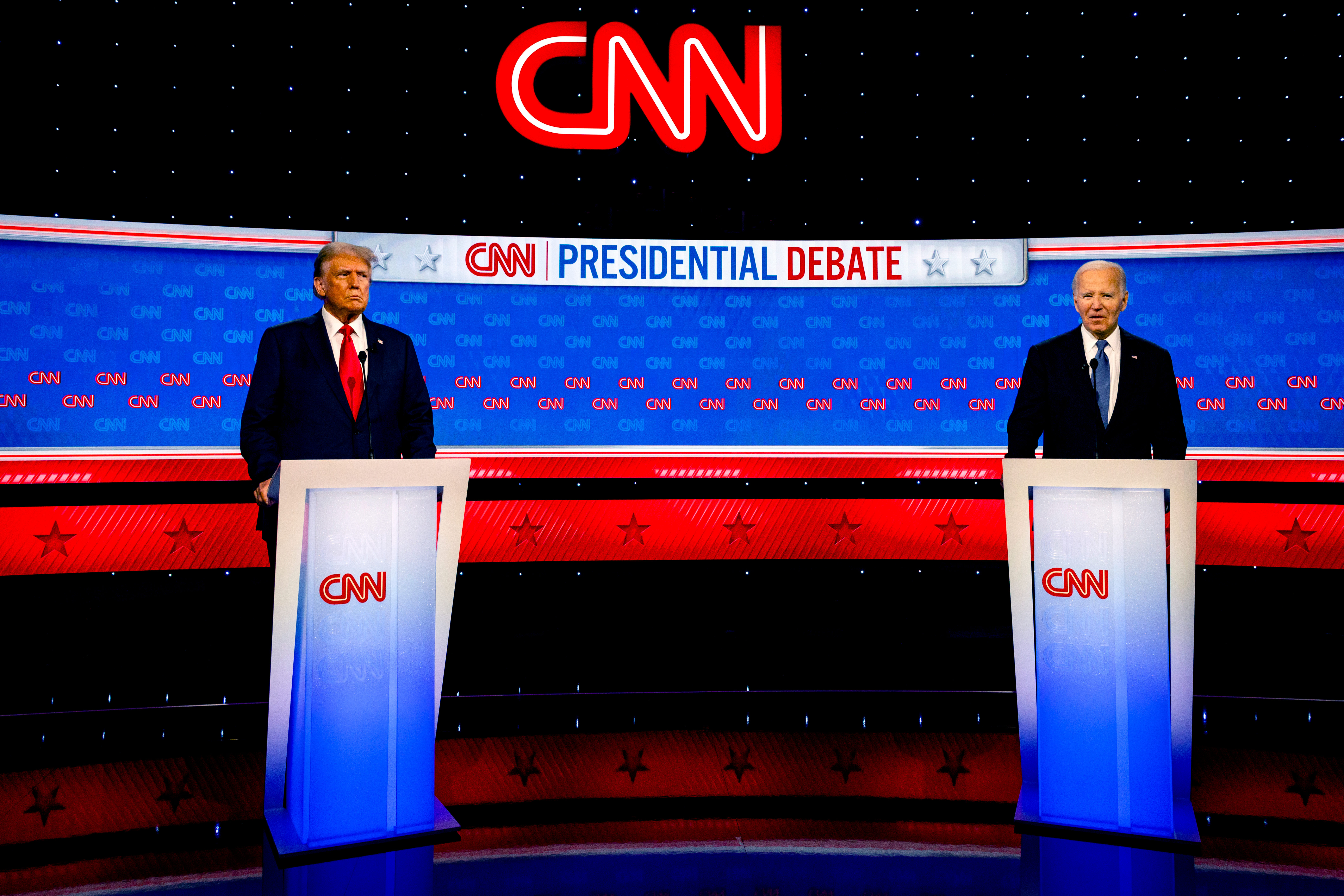 Biden and Trump standing on stage for the presidential debate