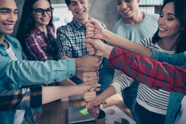 Employees working together, team, fists on top of each other, comradery