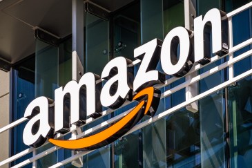 Amazon logo on the facade of one of their office buildings located in Silicon Valley.