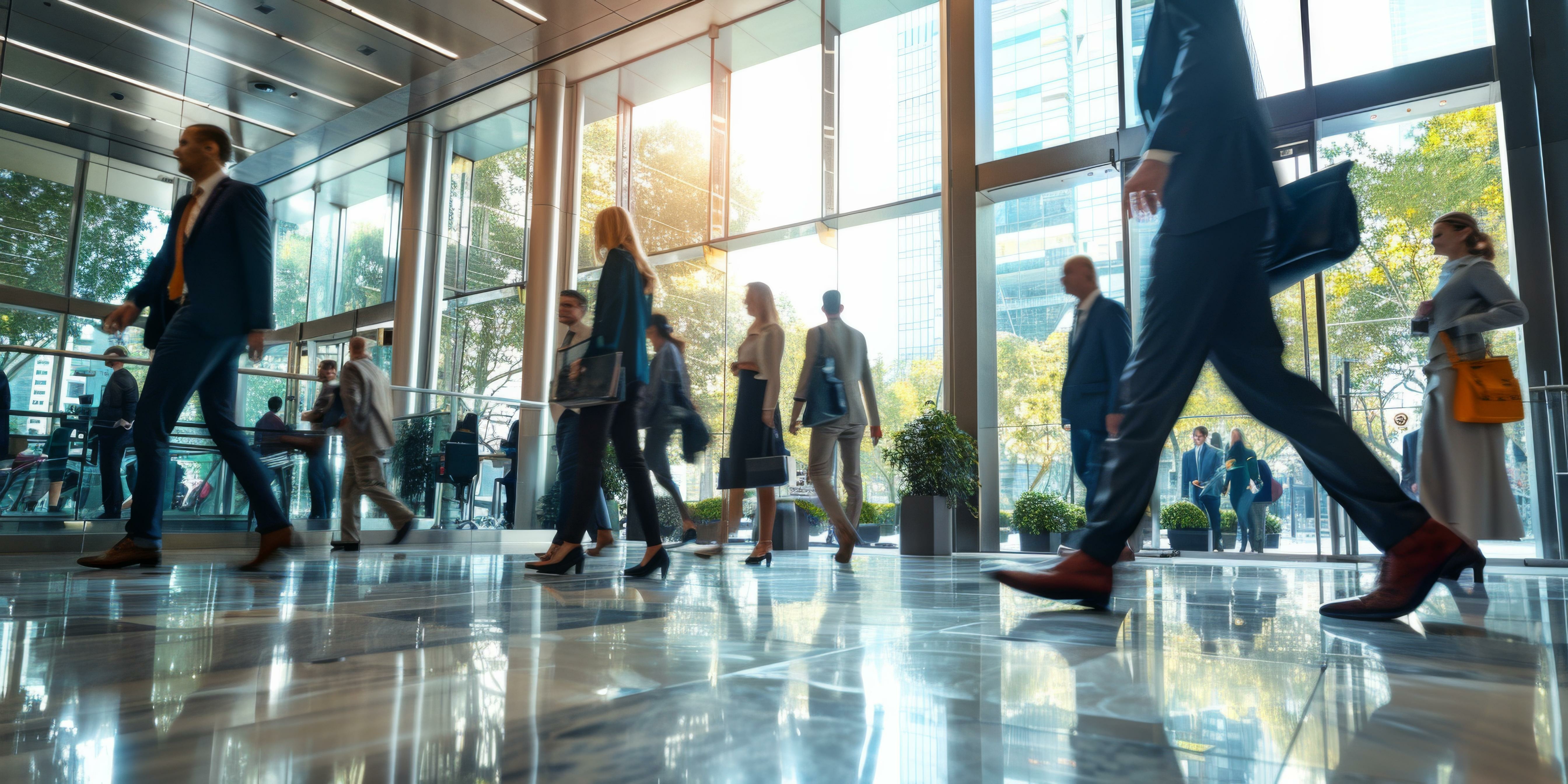 People walking into large office building
