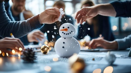 Hands sprinkling snow over snowman people in office