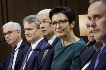 Citi CEO Jane Fraser at a 2023 Senate hearing, surrounded by her counterparts at other major U.S. banks.