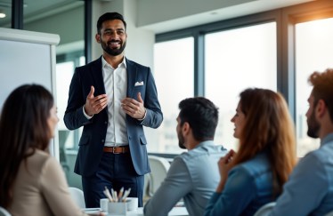 Man wearing suit standing in front of seated employees, talking, smiling