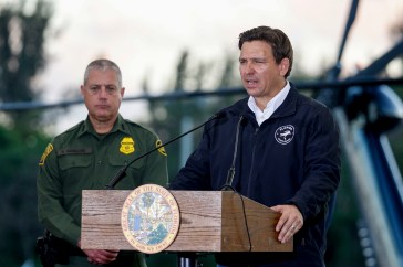 Ron DeSantis, governor of Florida, speaks during a news conference on border security at Homestead Air Force Base.