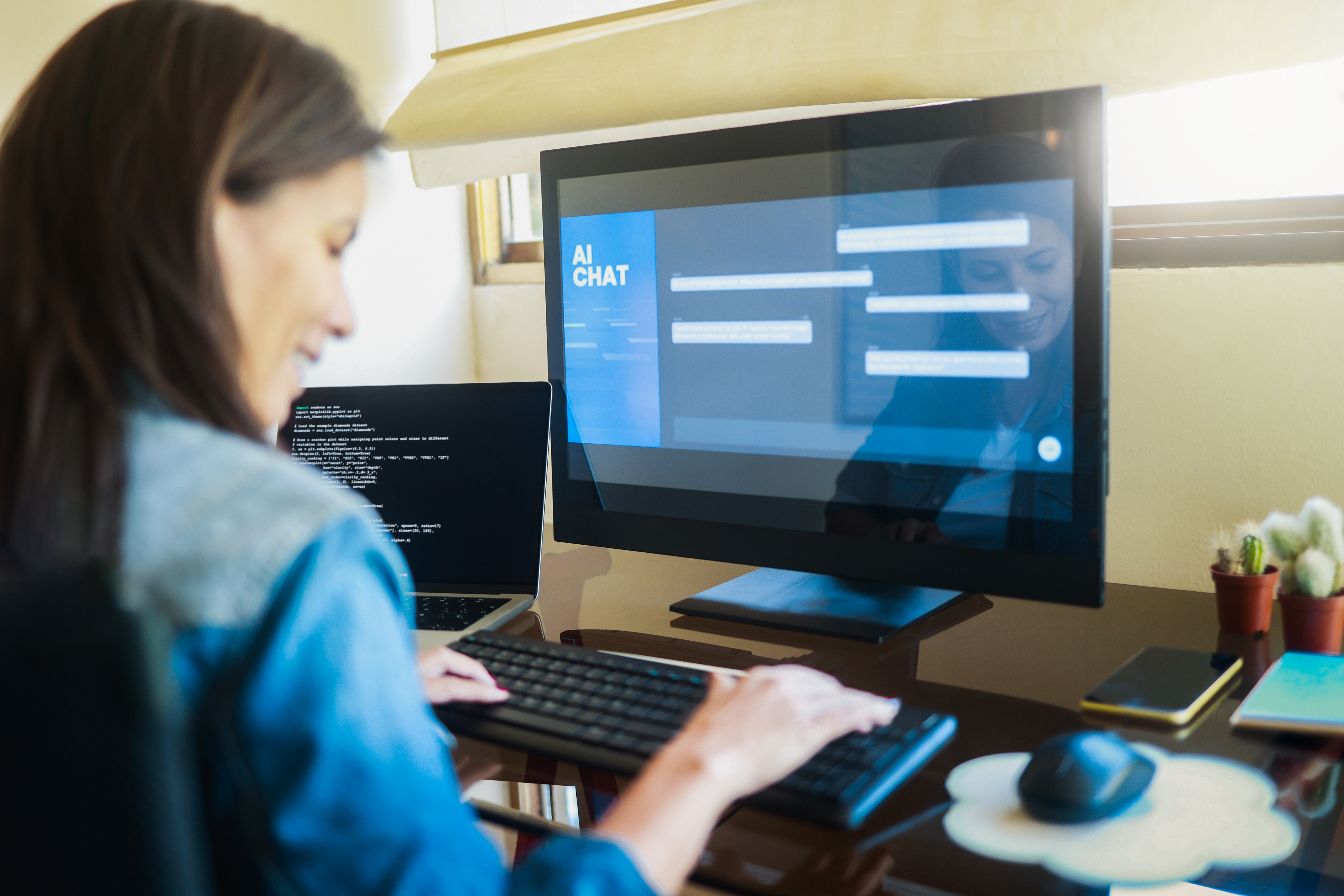 Woman typing into AI chat program on computer
