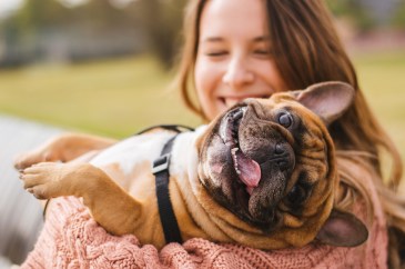 Woman holding brown French bulldog