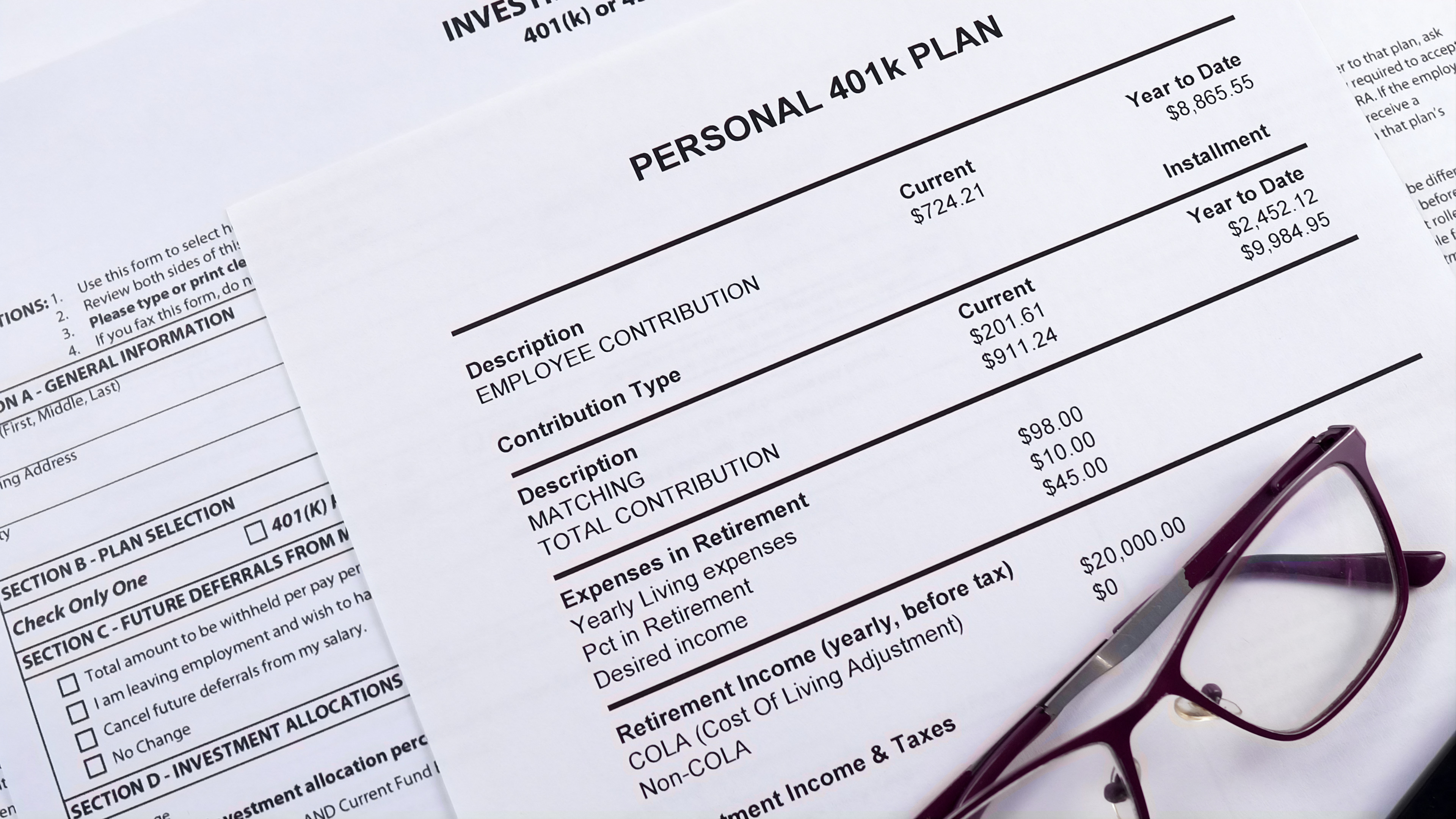 Employee 401(k) printout, glasses sitting on paper