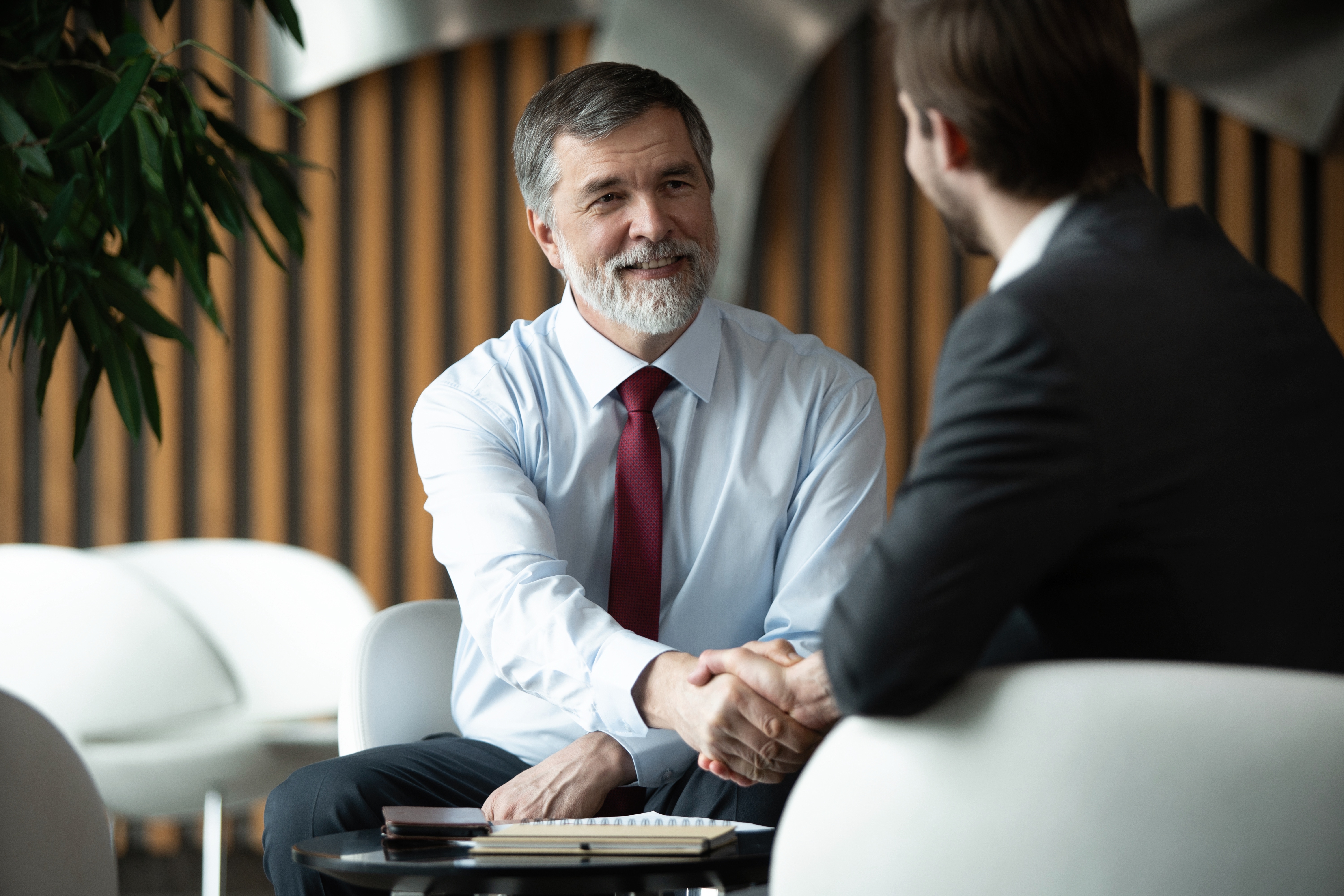Two male employees shaking hands, older man smiling