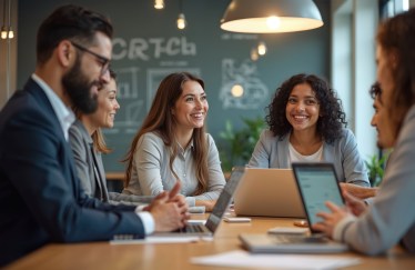 Group of employees working together at table