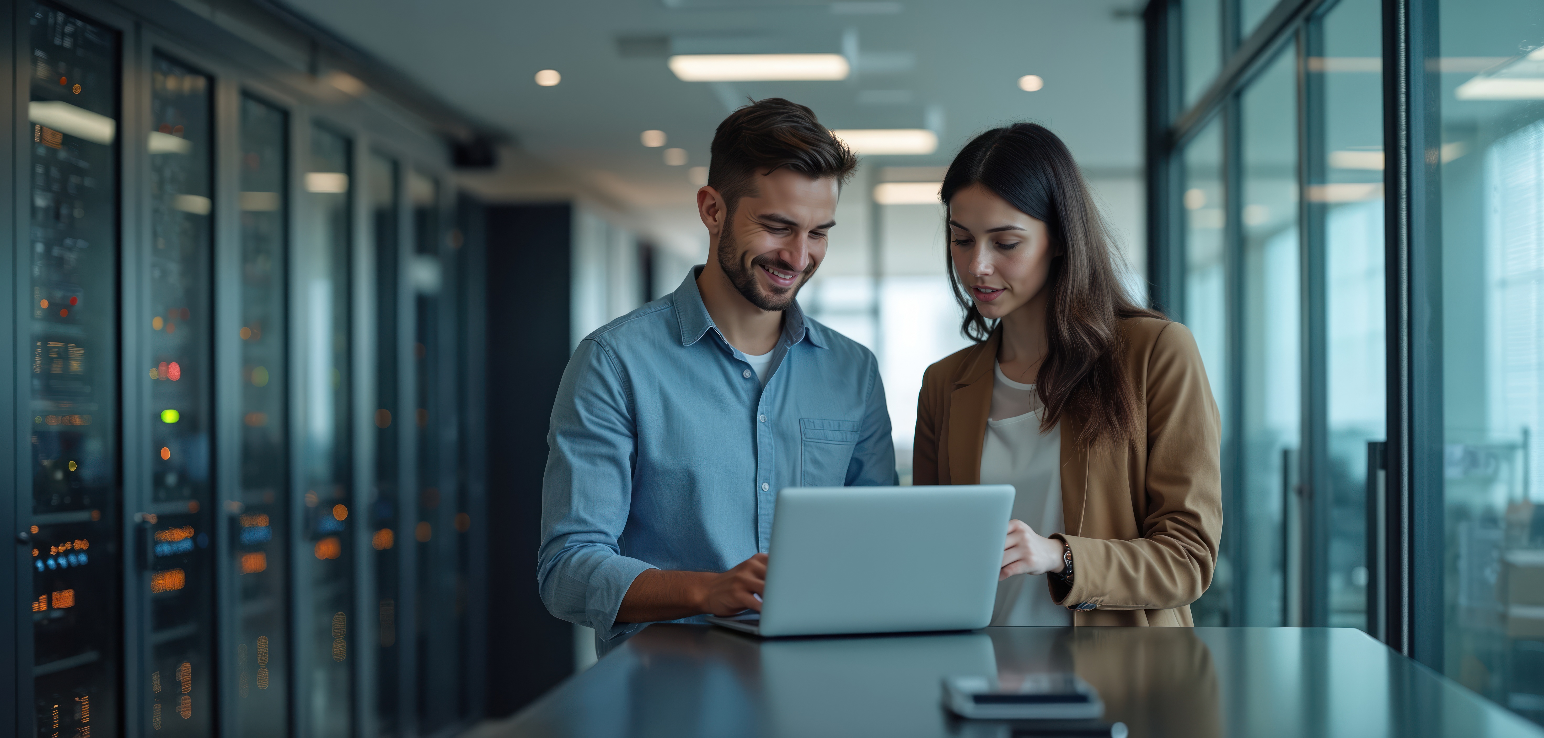 Male and female employee standing looking at laptop; data