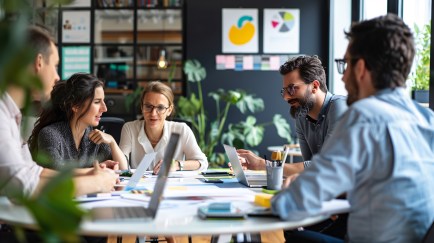 Group of employees sitting around table working, problem solving
