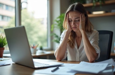 Woman sitting at desk, holding hands to sides of face