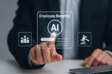 A man touching a screen that says "Employee Benefits AI."