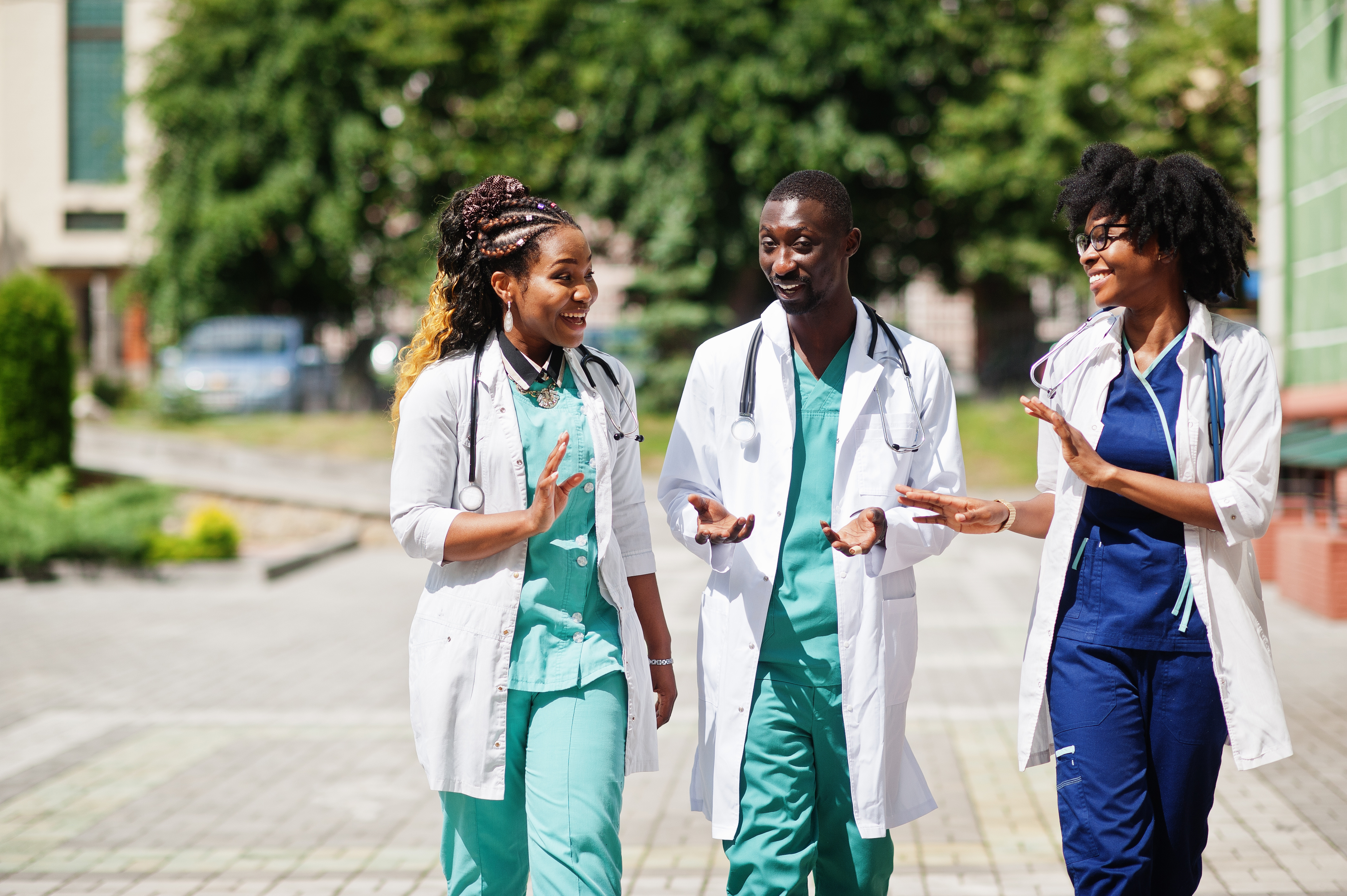 Nurses walking out of the hospital together