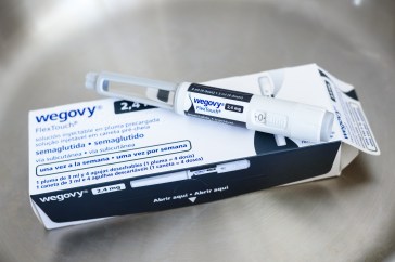 A batch of Wegovy drugs sit on a counter.