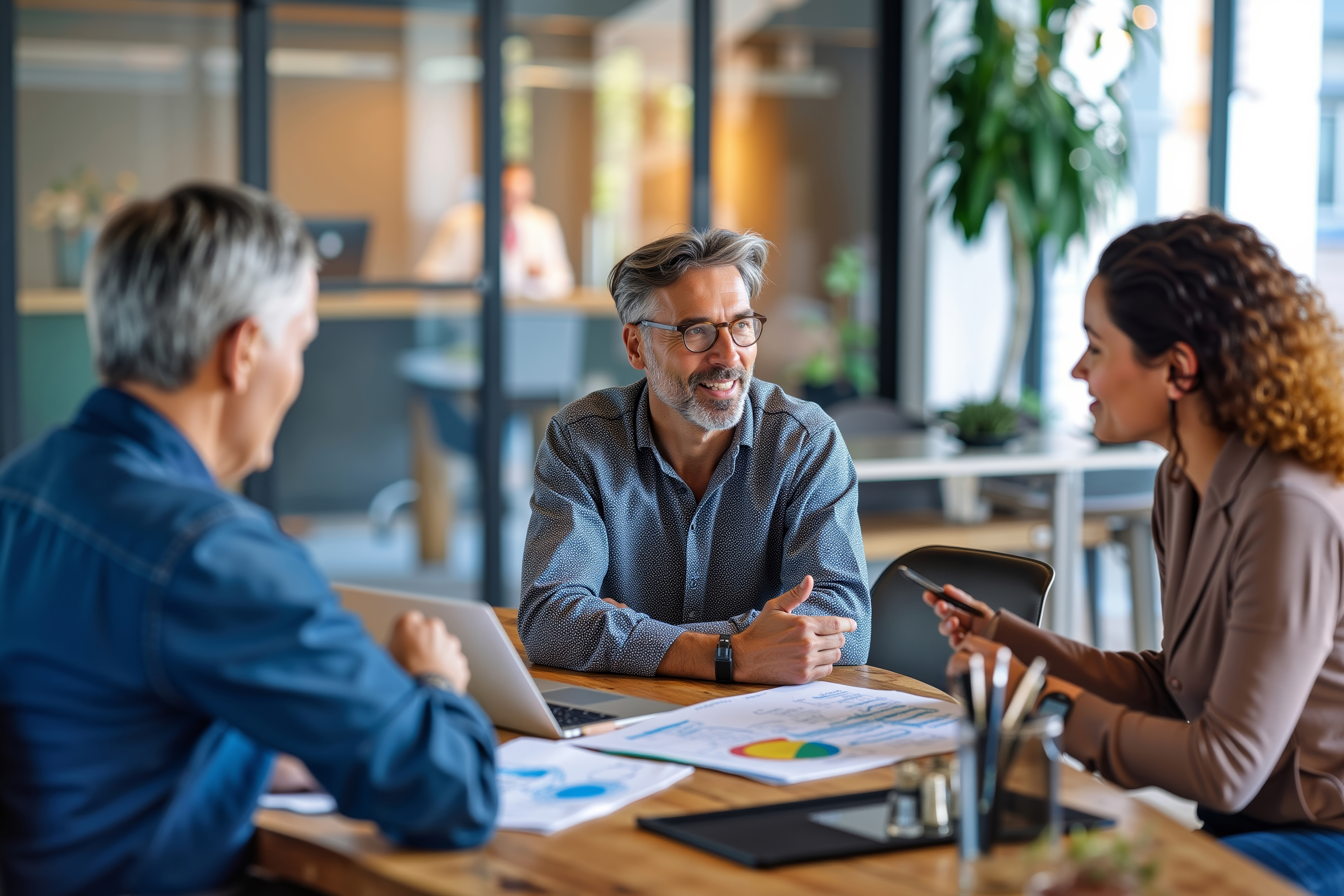 Three people talking at table in office