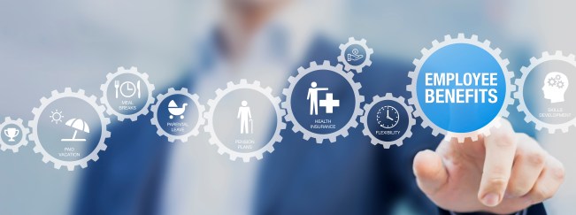 Employee pointing at employee benefits in gears, connected
