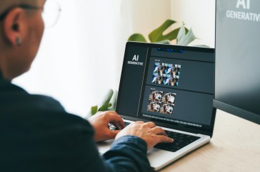 A man works at a computer.