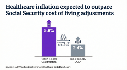 Bar chart shows 5.8% healthcare inflation outpacing 2.4% Social Security COLA, creating a growing gap for retirees.