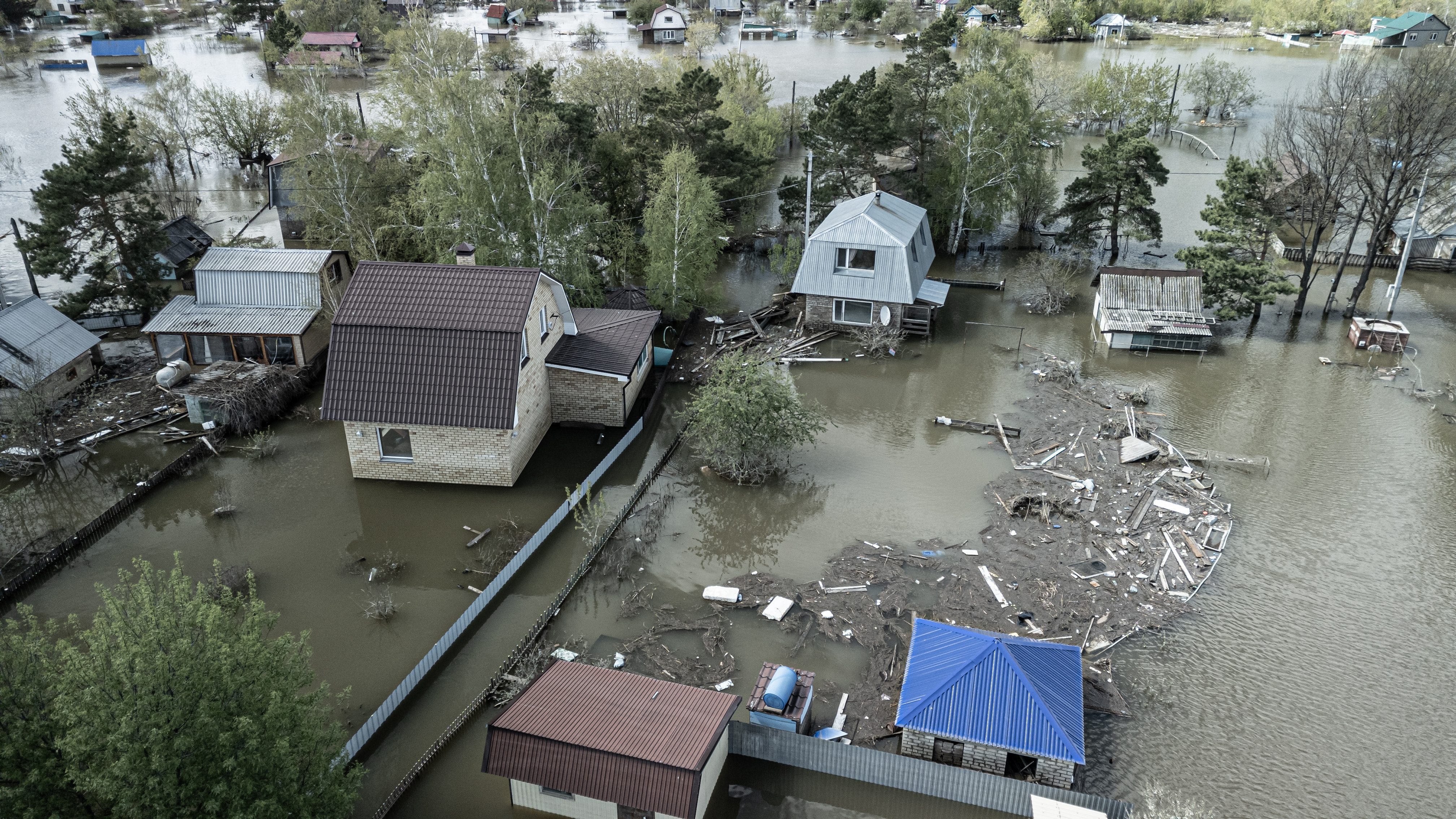 An aerial photo of a flooded neighborhood.