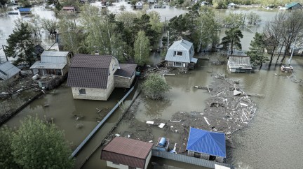 An aerial photo of a flooded neighborhood.