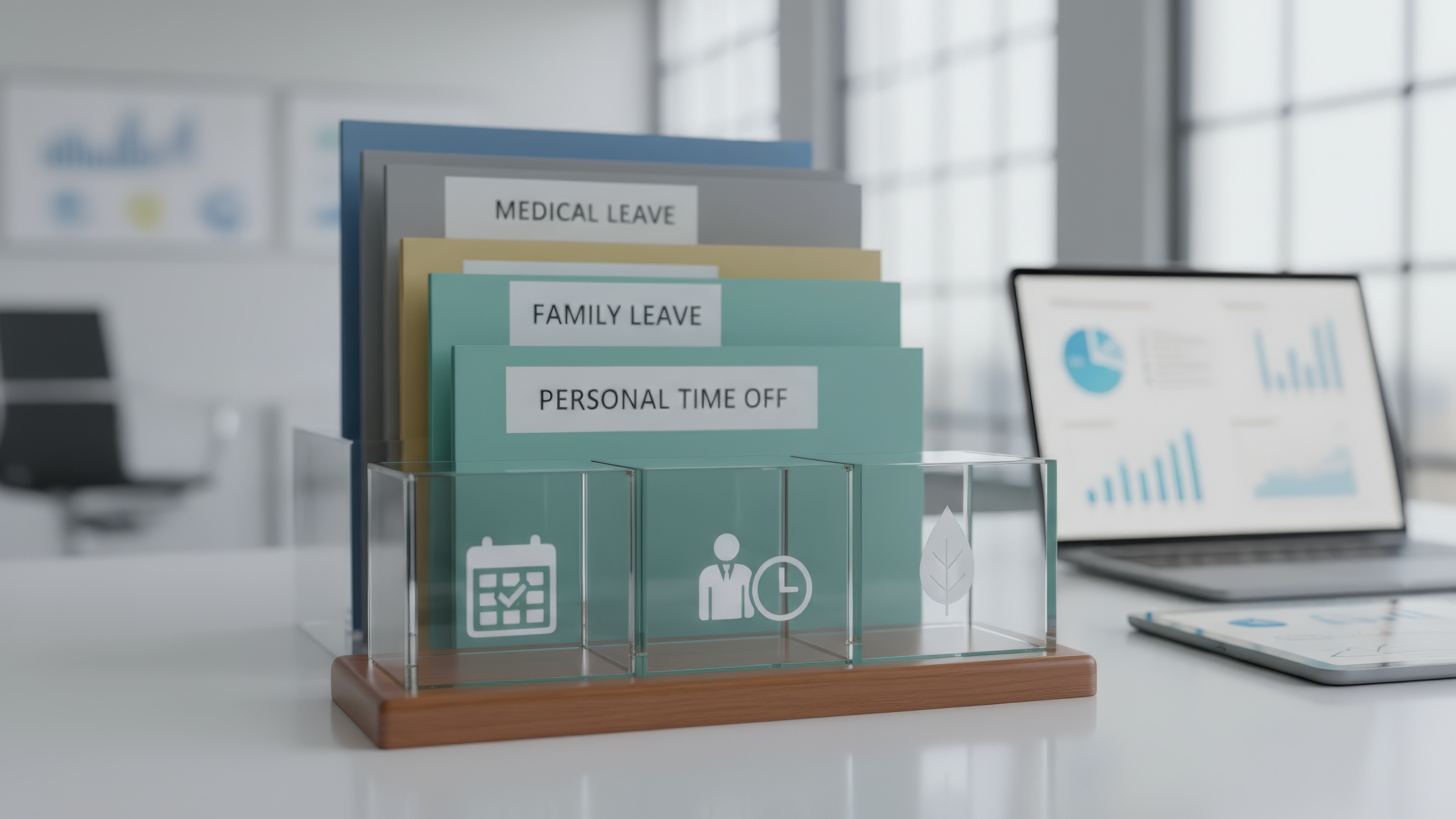A folder sits on a table with envelopes that read "Family leave", "Medical leave", and "Paid Time Off."