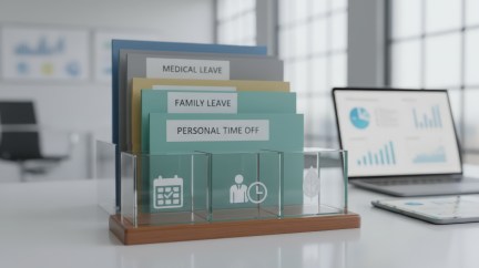 A folder sits on a table with envelopes that read "Family leave", "Medical leave", and "Paid Time Off."