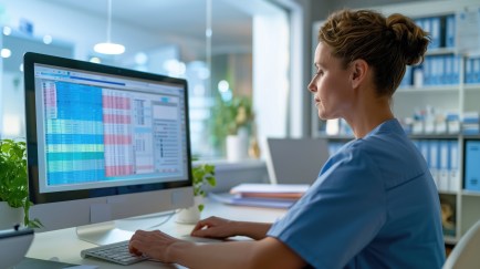 A healthcare professional analyzes extensive data on a computer monitor in a modern medical office.