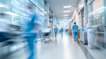 Swift hospital staff movement captured in hallway.
