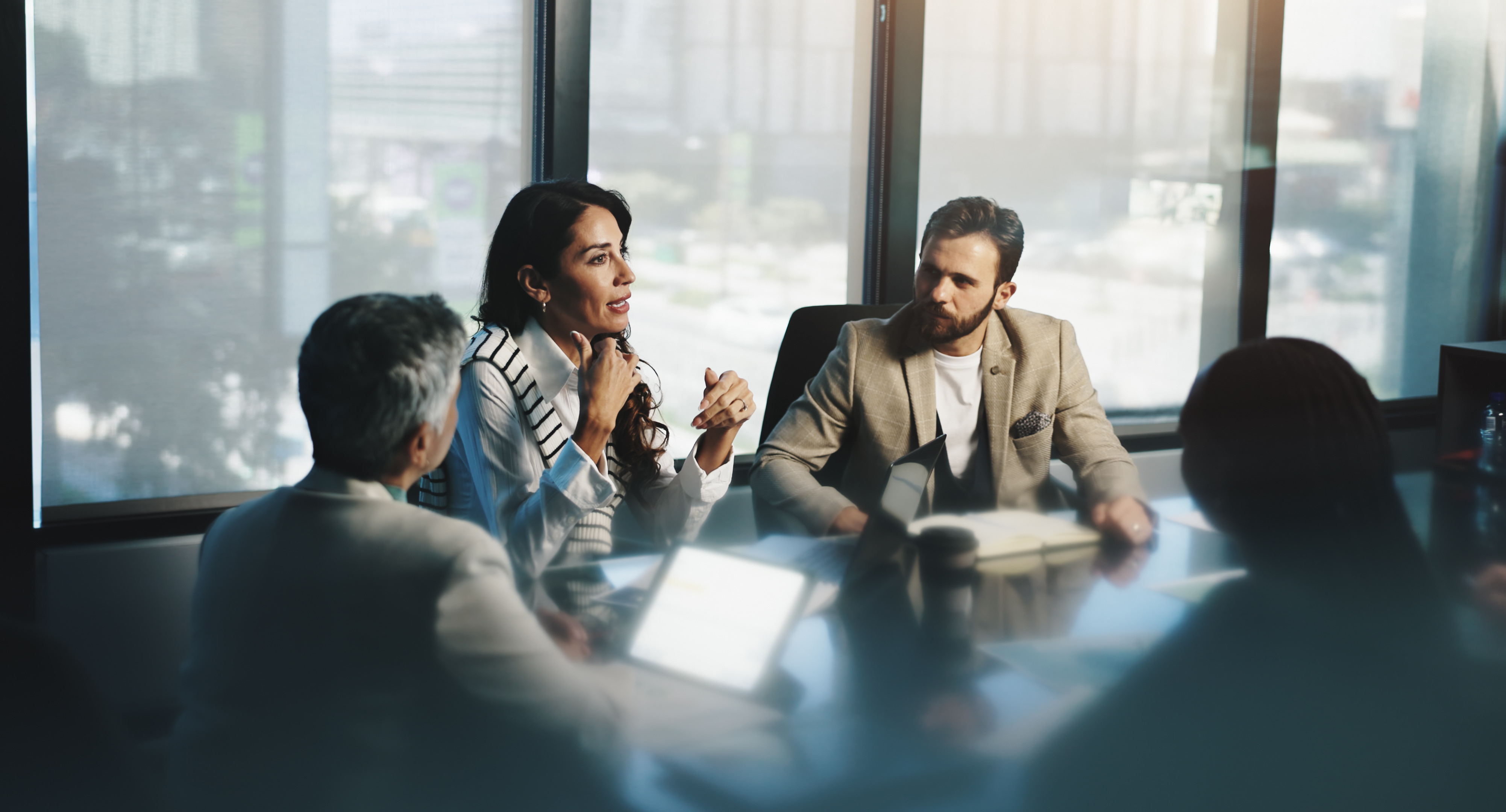 Employees sitting at table, woman speaking