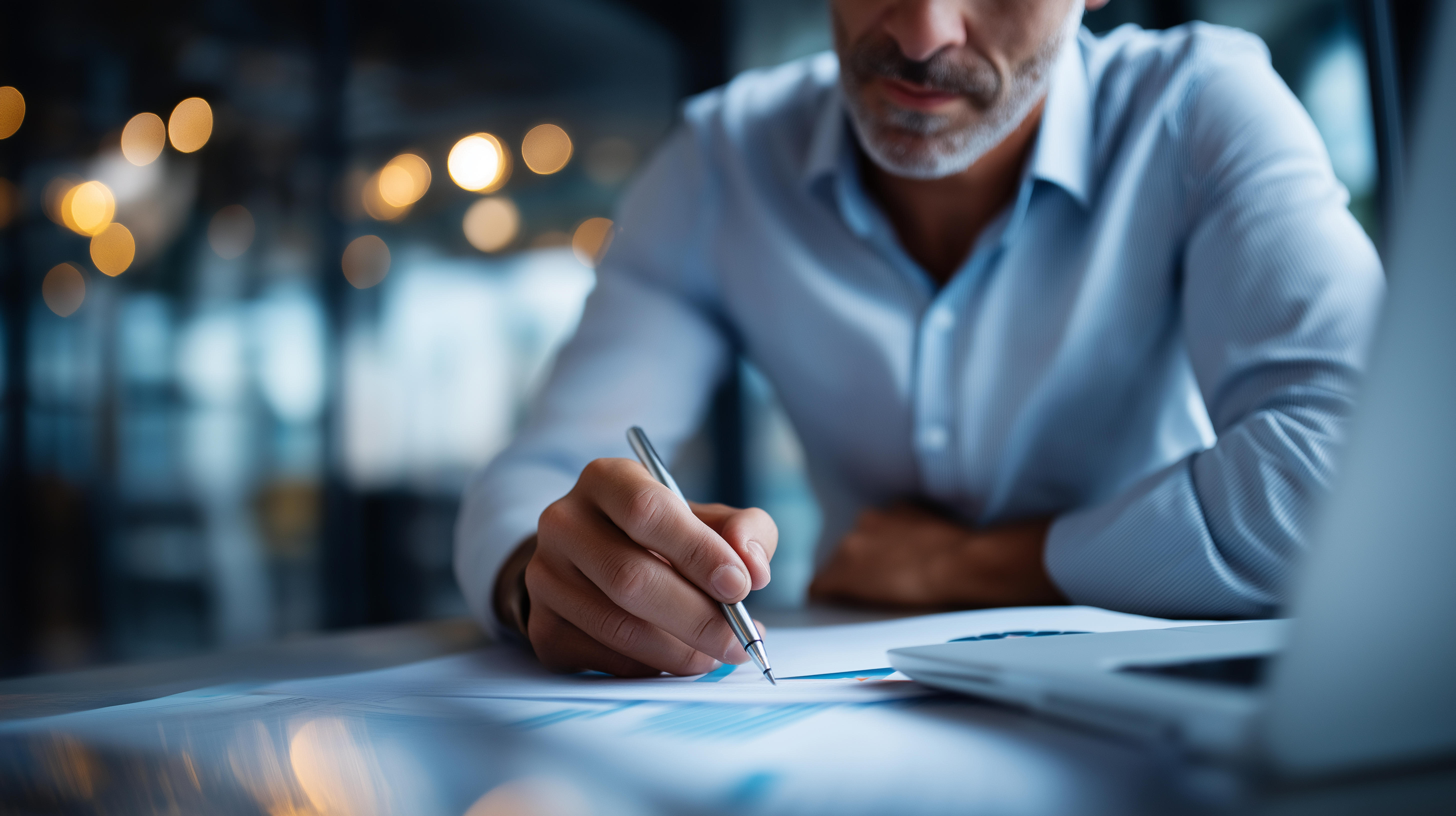 Faceless businessman manage digital procurement process with business contract invoice approval documents, representing B2B sourcing vendor management supply chain e-procurement, defocused.