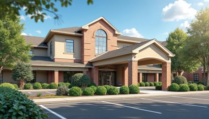Exterior view of senior care facility with spacious parking lot, rich, green garden. Welcoming entrance features archway, brick columns, inviting visitors to comfortable retirement living environment.