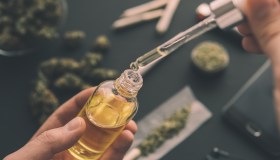 Medicinal marijuana in liquid, being put in bottle with a dropper